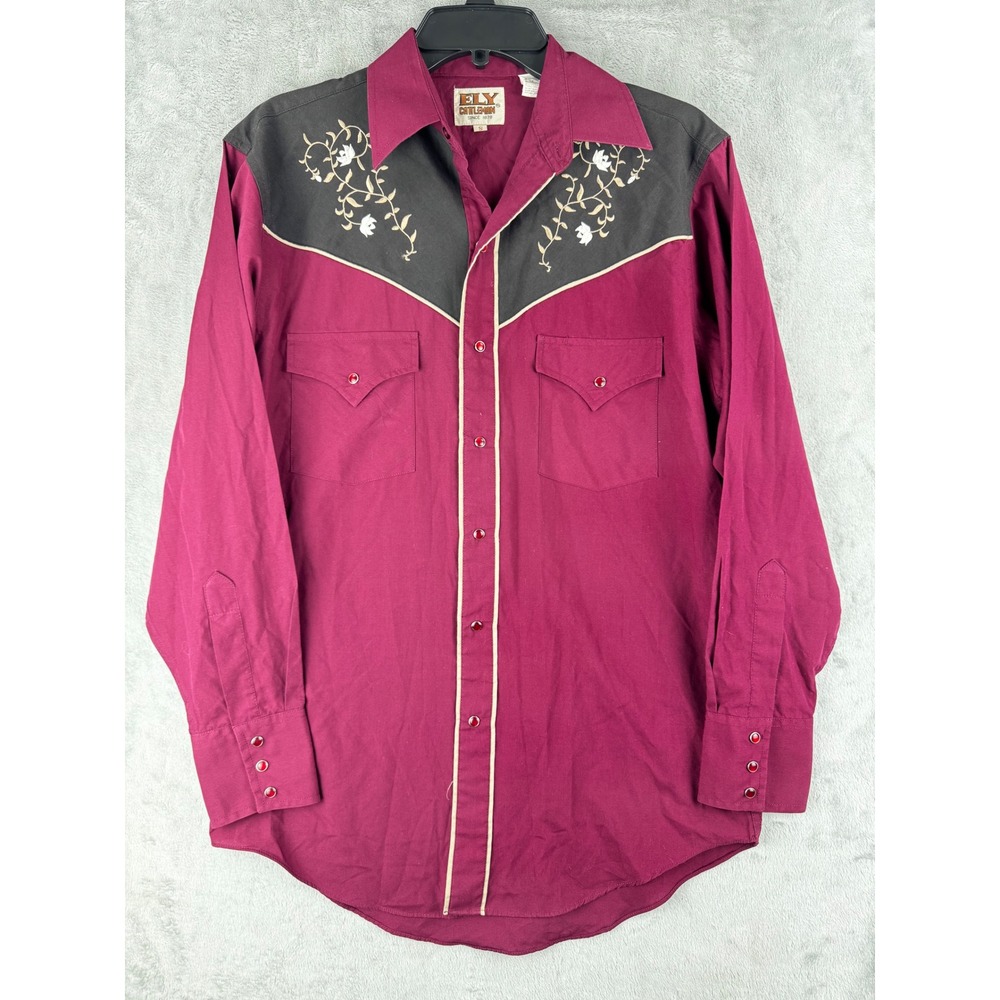 Ely Cattleman Mens S Western Shirt Burgundy Black Floral Embroidery Pearl Snap